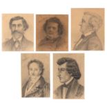 Five pencil studies of composers 20th Century, including Chopin, Wagner, Rossini, Verdi and