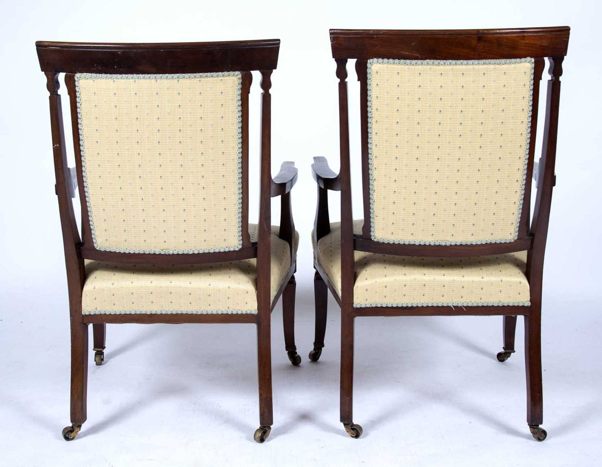 Pair of yellow upholstered armchairs Edwardian, with mahogany and satinwood frames, on brass - Image 2 of 2