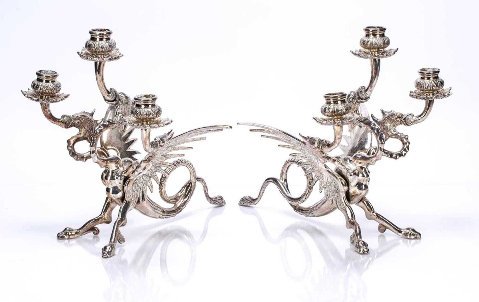 Pair of silver plated three branch candleabra in the form of a phoenix, unmarked, 29cm high - Image 2 of 3