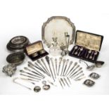 Collection of silver and other items including: silver plated tray, silver and white metal handled