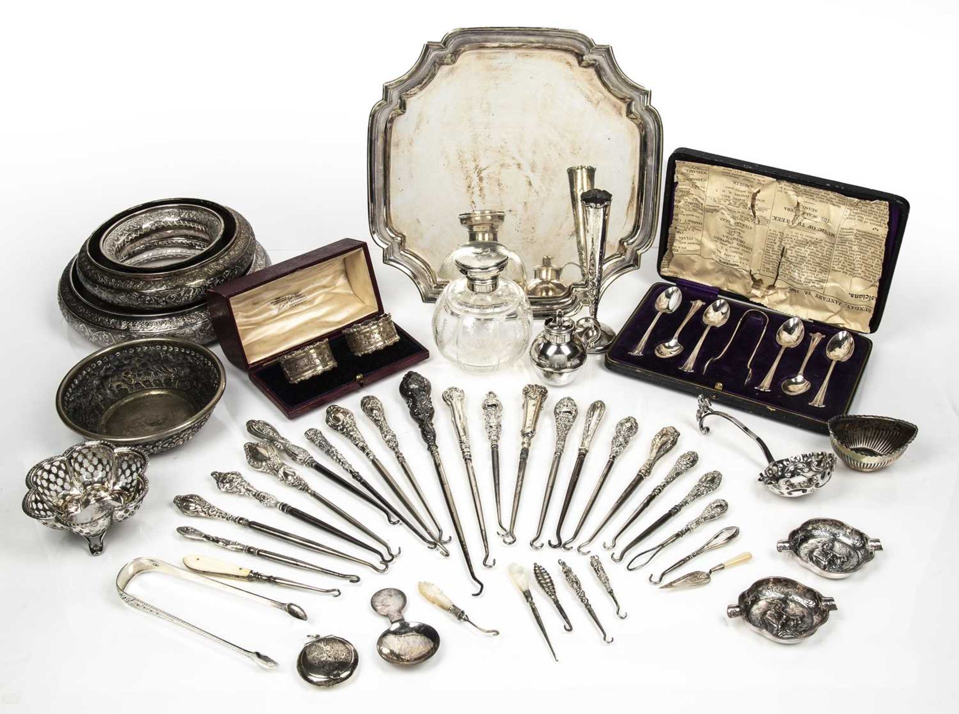 Collection of silver and other items including: silver plated tray, silver and white metal handled