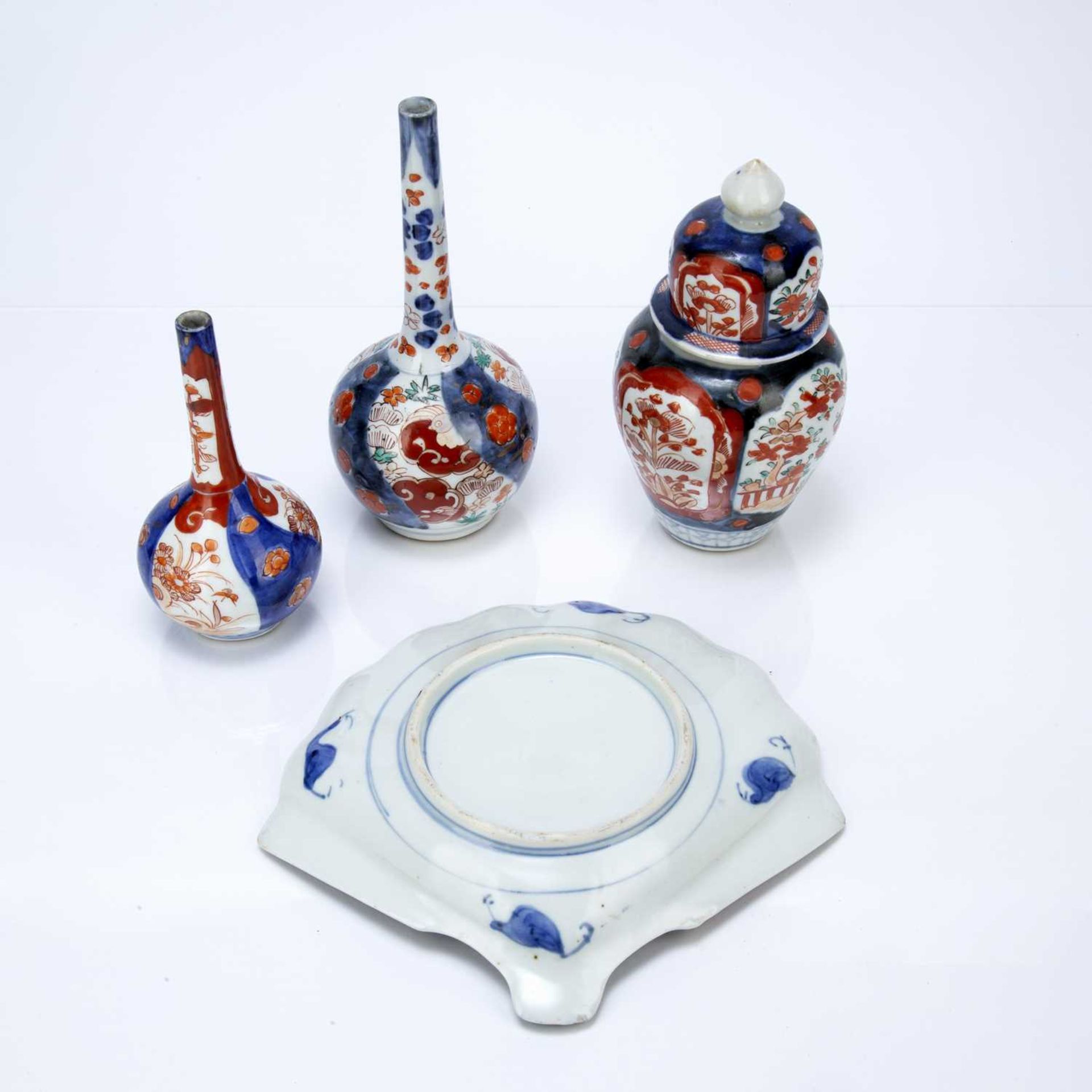 Small group of Imari Japanese, including a fan shaped dish, 23cm wide, two bottle vases, 15cm and - Image 2 of 2