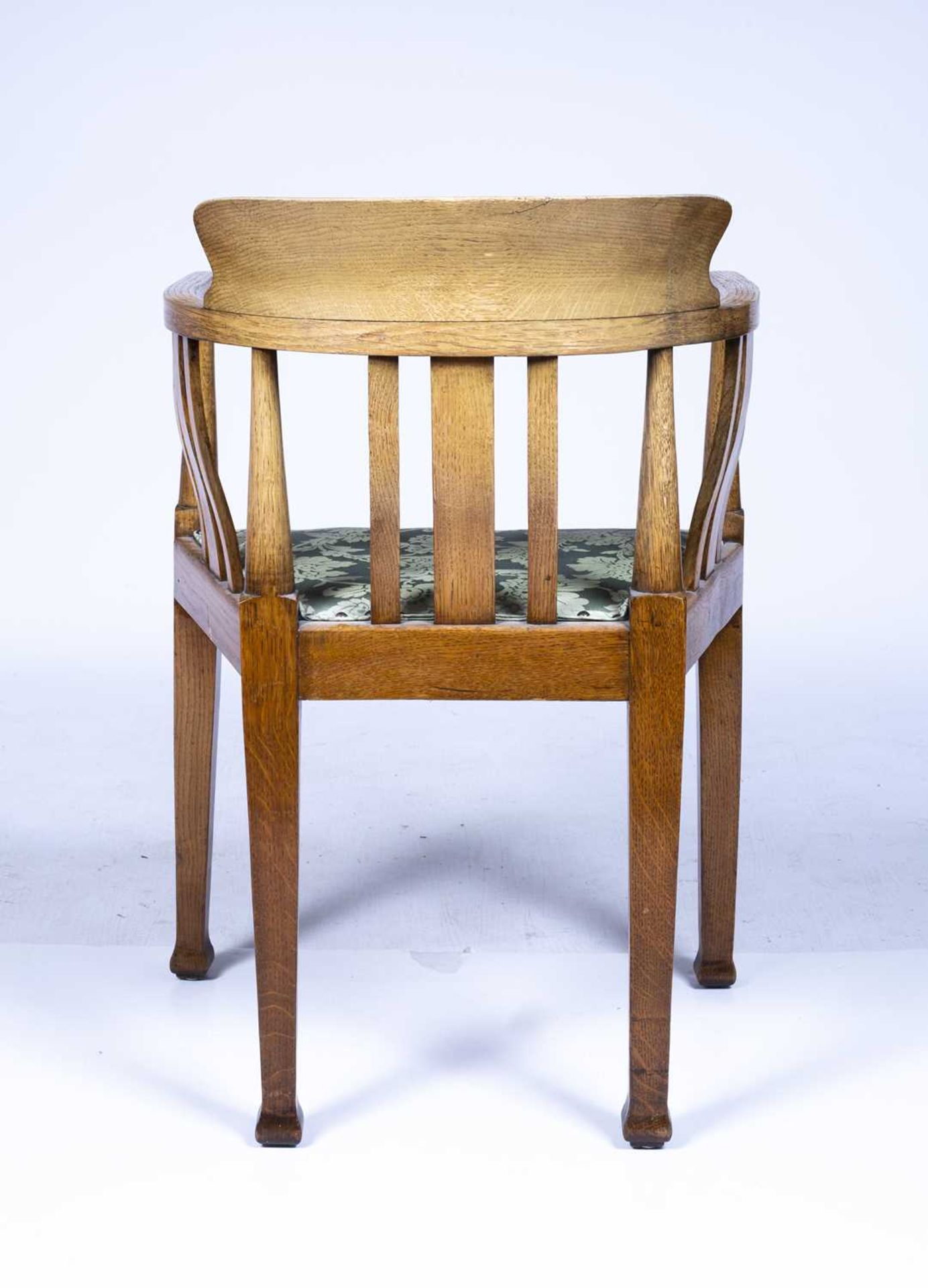 Attributed to Ambrose Heal (1872-1959) oak, armchair with green floral upholstered seat, unmarked, - Image 3 of 4