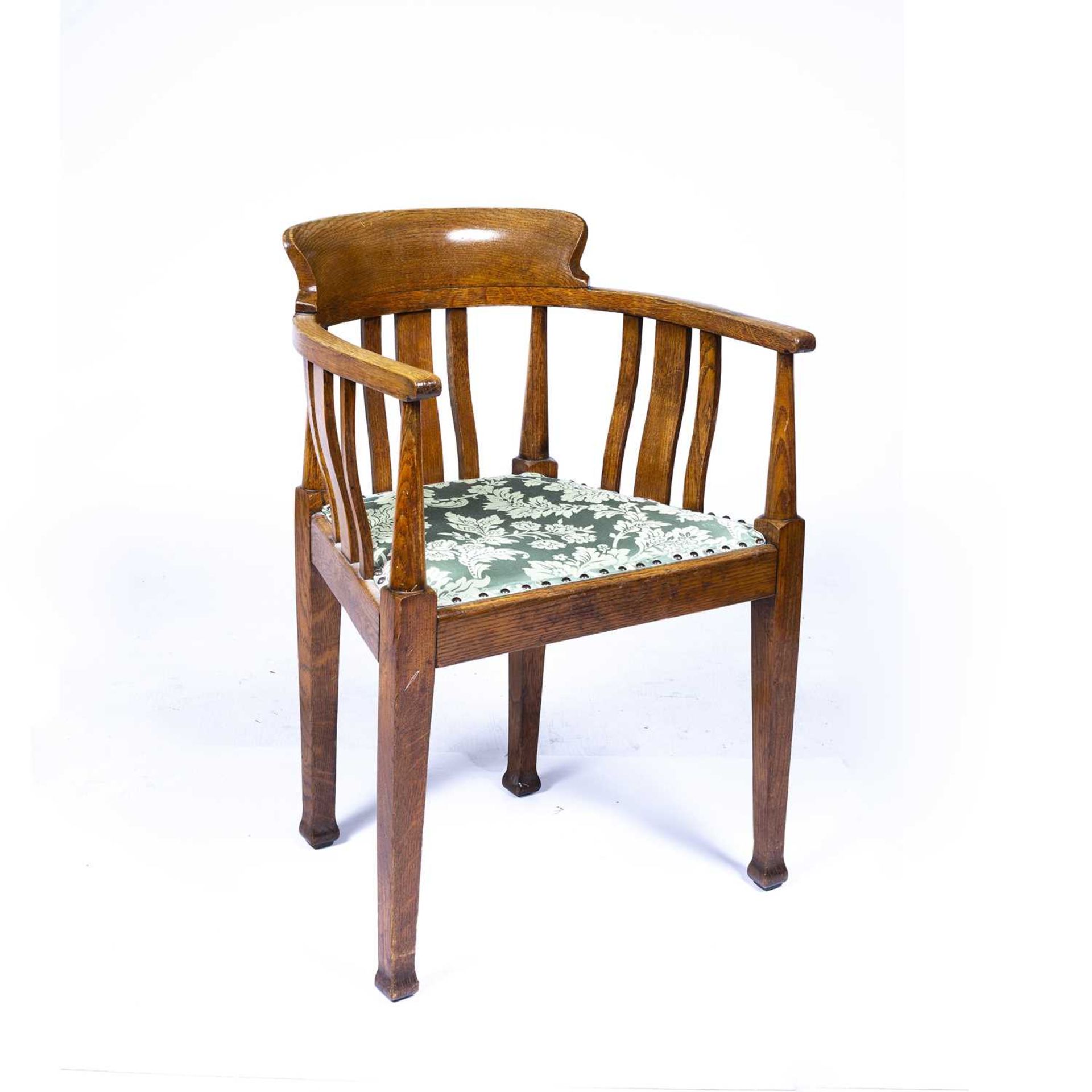 Attributed to Ambrose Heal (1872-1959) oak, armchair with green floral upholstered seat, unmarked, - Image 2 of 4