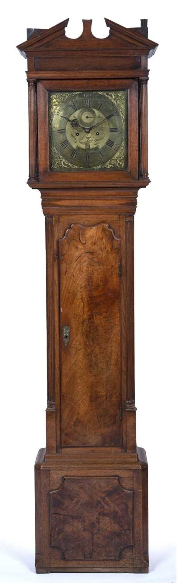 Helm of Ormskirk, mahogany longcase clock 18th Century, the just under 12 inch square brass dial