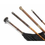 Collection of three equestrian whips comprising of a carriage drivers whip, horse riding crop and