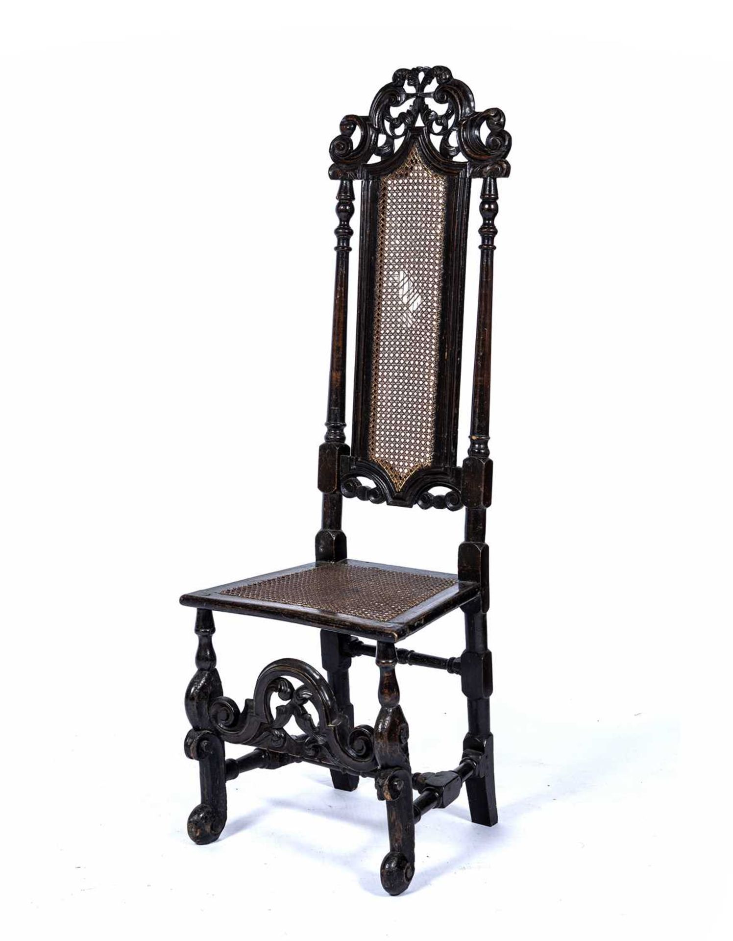 Beech and walnut high back Carolean hall chair 17th Century, with carved back and with cane seat and - Image 2 of 3