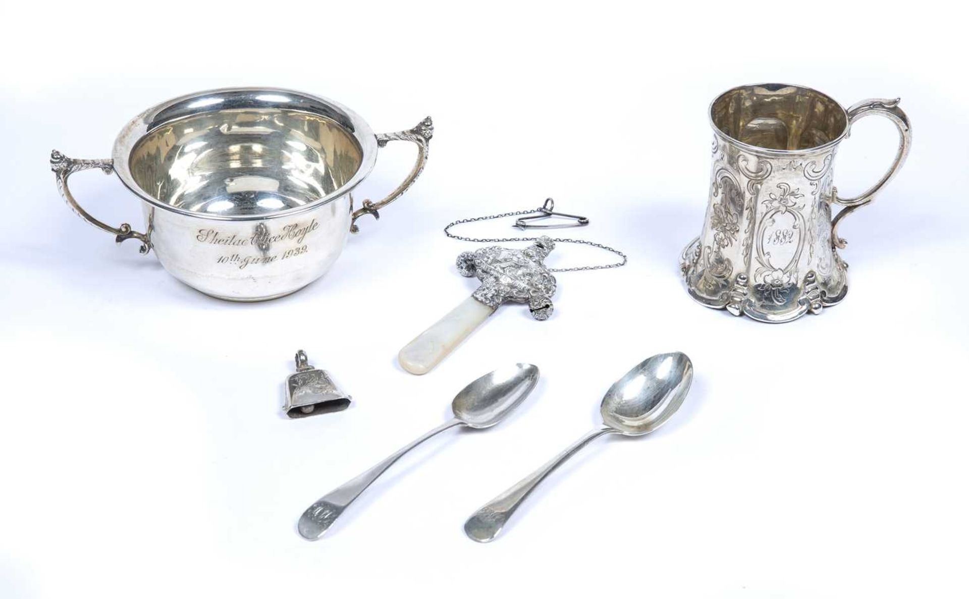 Collection of silver consisting of: a silver twin handled bowl or porringer, bearing marks for