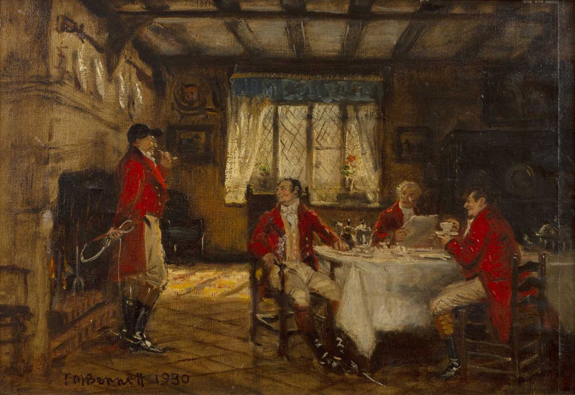Frank Moss Bennett (1874-1953) 'The hunt breakfast', oil on canvas laid onto panel, signed and dated