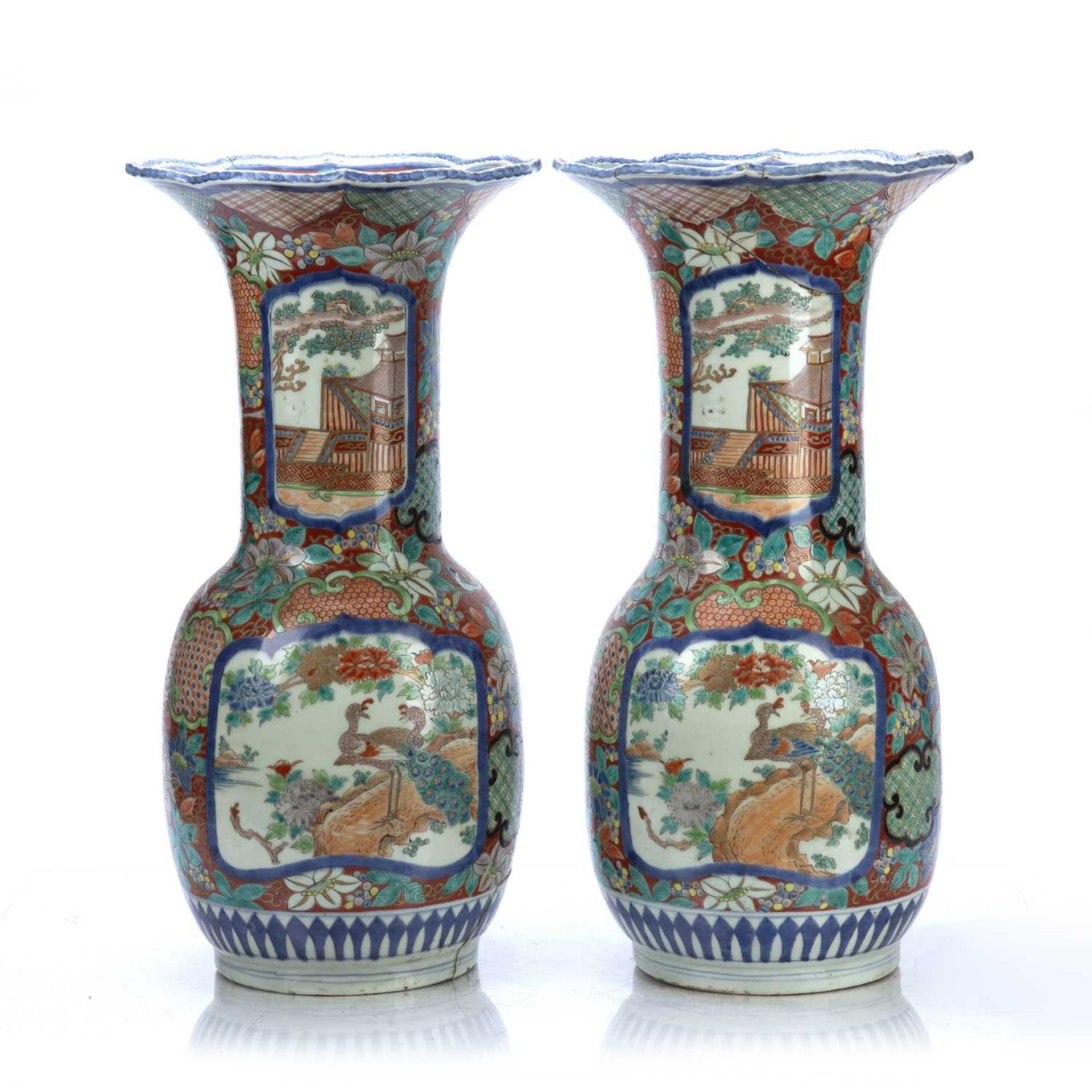 Pair of satsuma baluster vases Japanese, with Chinese style decoration including birds and - Image 2 of 4