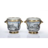 Pair of Sevres porcelain cache pots with twin handles having gilded decoration and hand painted