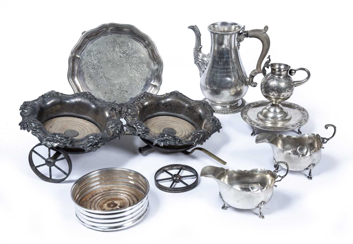 Collection of silver and silver plate consisting of a silver coffee pot, dedications to the body