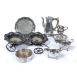 Collection of silver and silver plate consisting of a silver coffee pot, dedications to the body