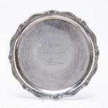 Silver salver with piecrust edge, with facsimile signatures engraved to the centre, bearing marks