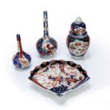 Small group of Imari Japanese, including a fan shaped dish, 23cm wide, two bottle vases, 15cm and