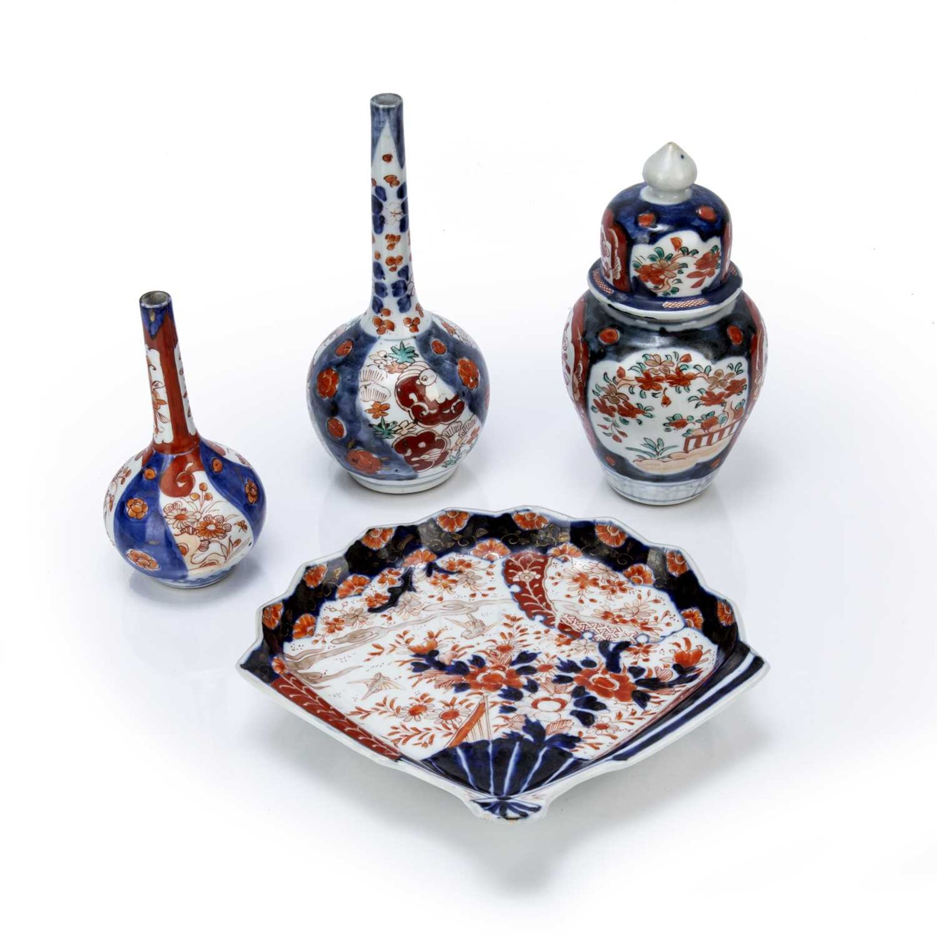 Small group of Imari Japanese, including a fan shaped dish, 23cm wide, two bottle vases, 15cm and
