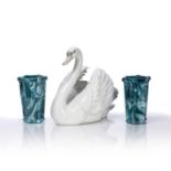 Sowerby glass two marbled or 'malachite' glass spill vases, one is marked to the base, 11cm high and