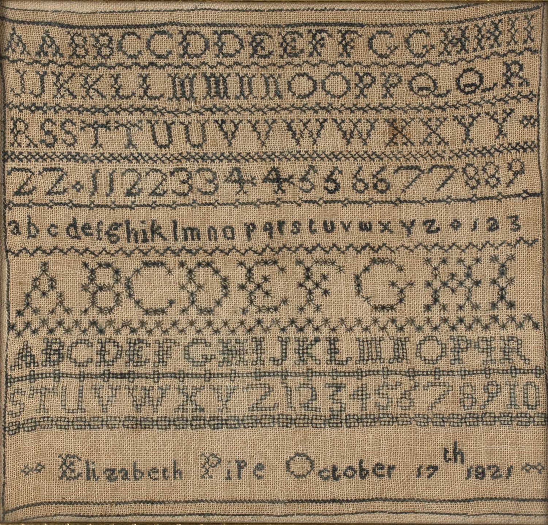 Two antique needlework samplers the larger monochrome alphabet sampler reads 'Elizabeth Pipe,
