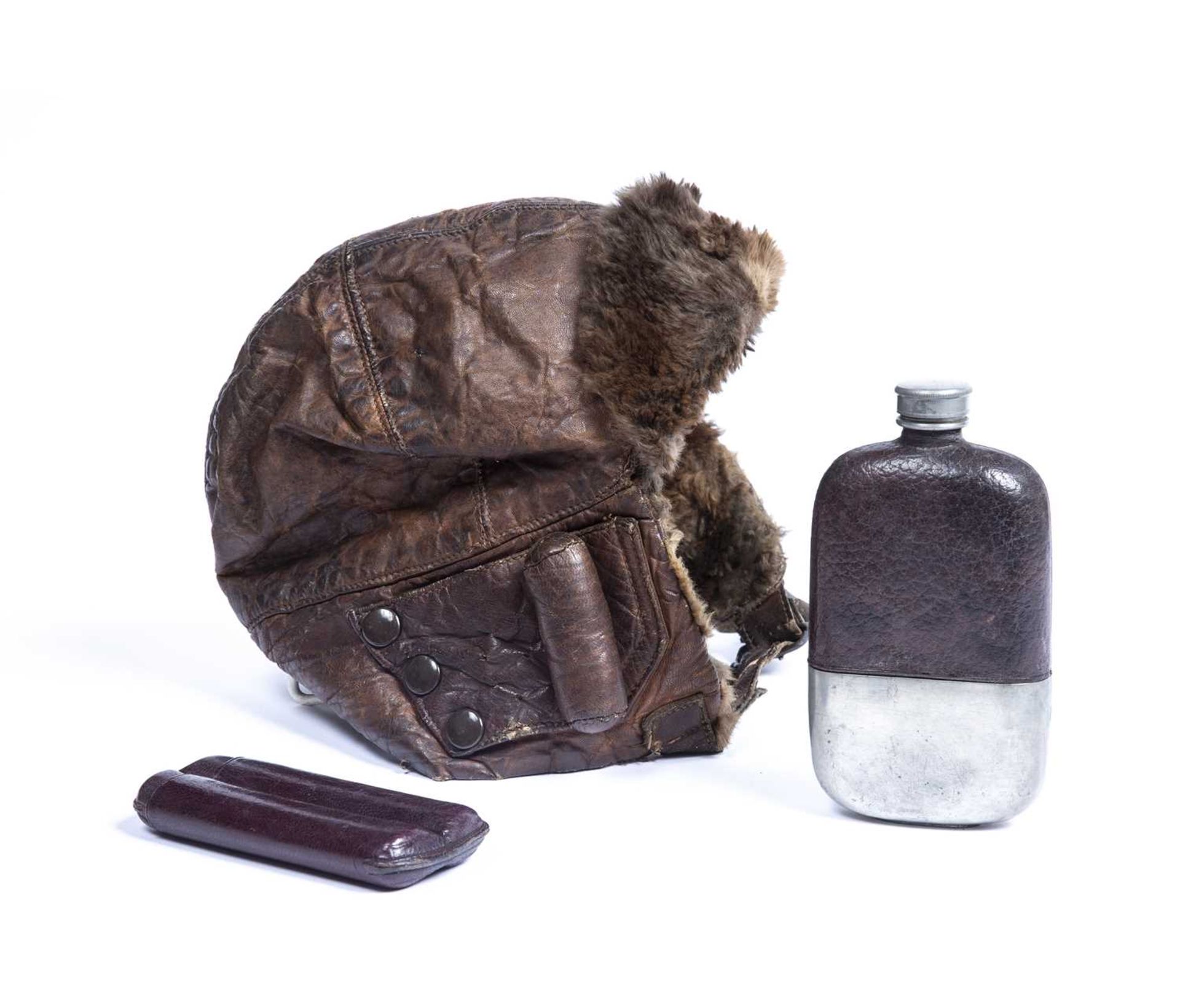 Militaria interest WW1 Royal Flying Corps (RFC) flying cap/helmet, leather, glass and white metal
