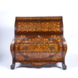Dutch marquetry bombe bureau Walnut, 19th Century, in two sections, the fall front enclosing a