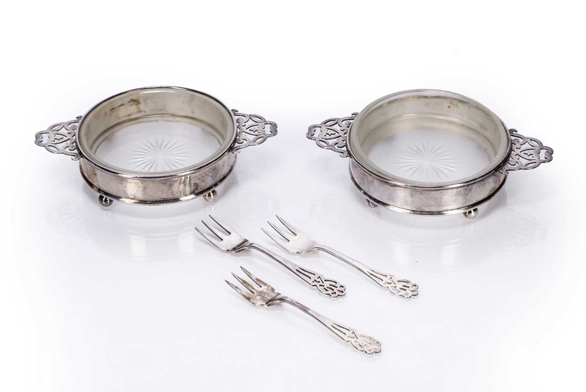 Two silver dishes with silver forks bearing marks for George Edward & Sons, Chester, 1924, dishes