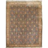 Meshed blue ground carpet with all over central panel with foliate stylised designs, 349cm x