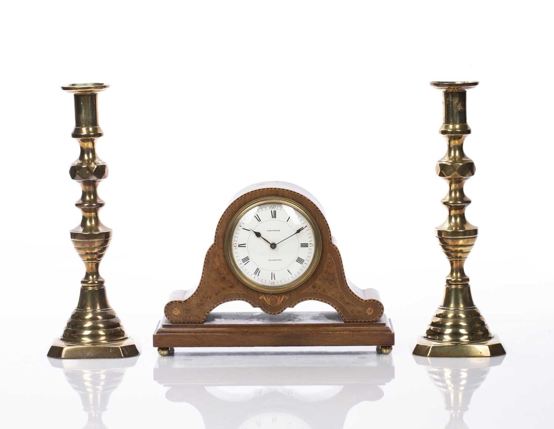 Lashmore of Oswestry walnut mantel clock with marquetry decoration, 17cm high and a pair of brass