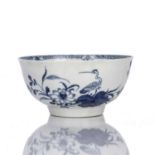 Worcester bowl circa 1758, decorated with Heron on a Floral Spray pattern, with workman's mark to