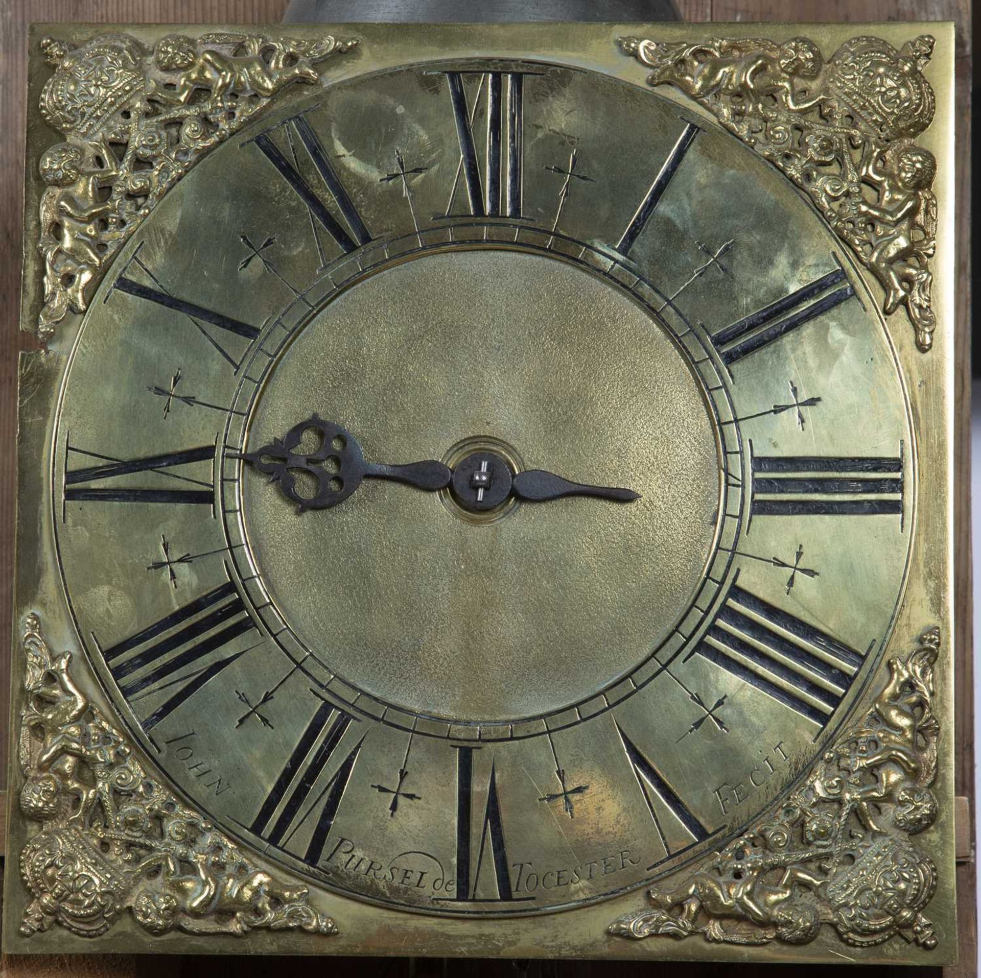 John Pursell of Towcester, pitch pine cased longcase clock the 11 inch square brass dial having - Image 4 of 4