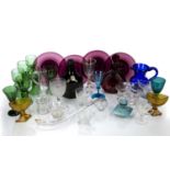 Collection of 19th Century and later glassware including: six green goblets, red etched decanter and