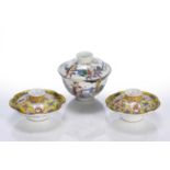 Group of porcelain Chinese to include a lidded and period lidded bowl and a pair of lidded