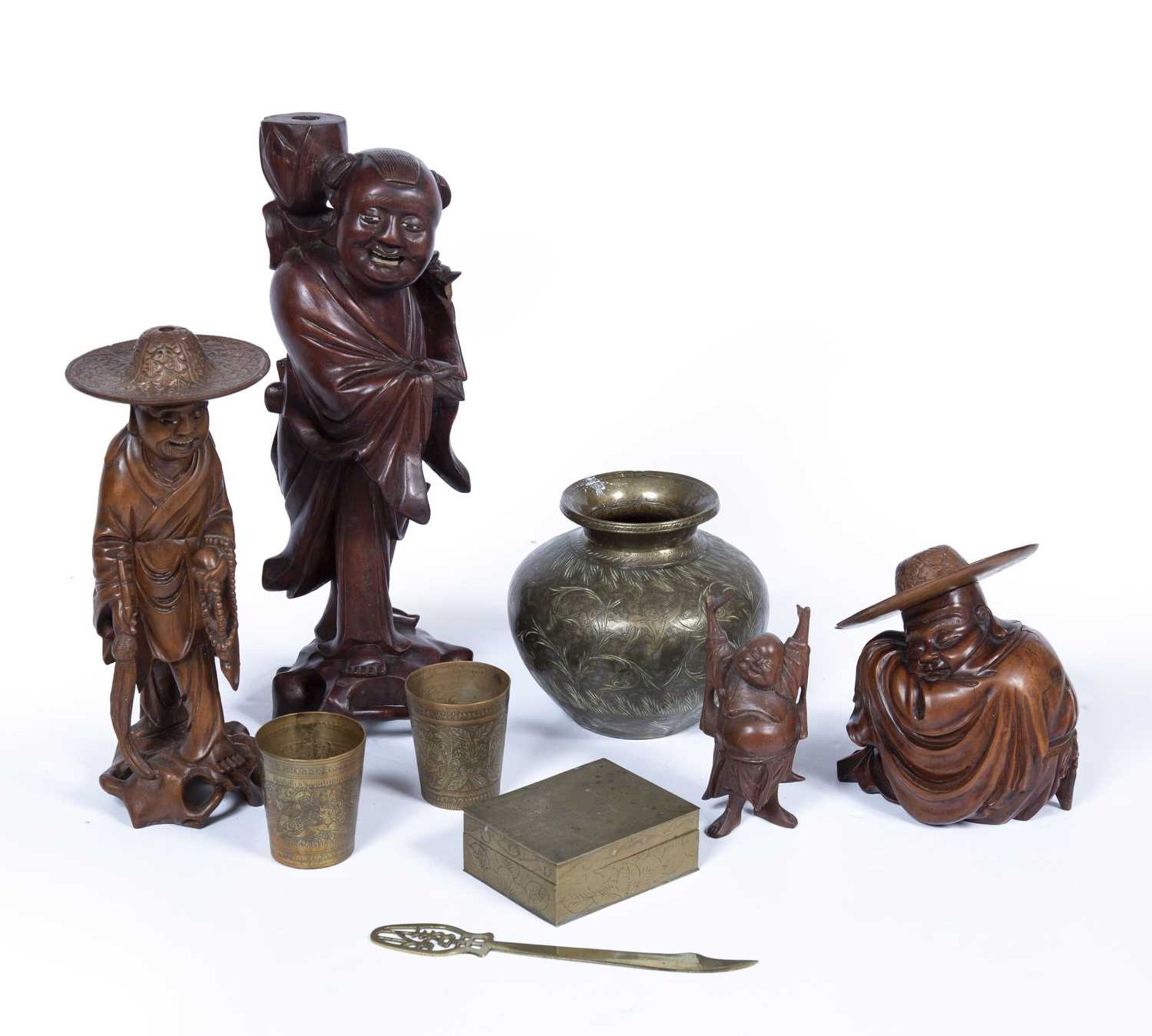 Group of pieces Chinese and Indian including two carved figures, an Indian engraved lota 14.5cm ,