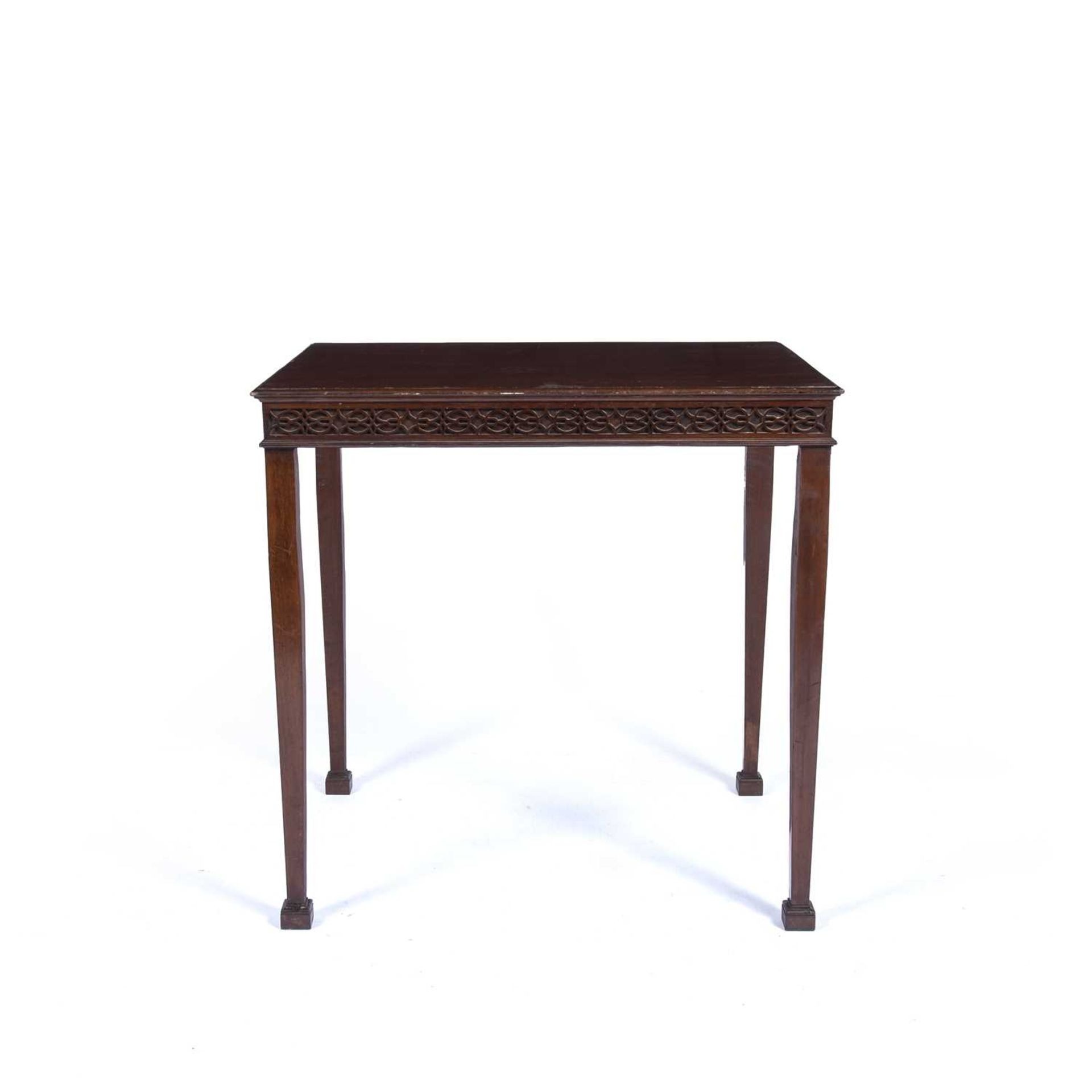 Mahogany blind fret side table Edwardian, in the Chippendale manner, on tapering supports, 71cm wide