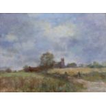 Owen Waters (1916-2004) Norfolk scene with a church, oil on board, signed, 30cm x 40cmSome light