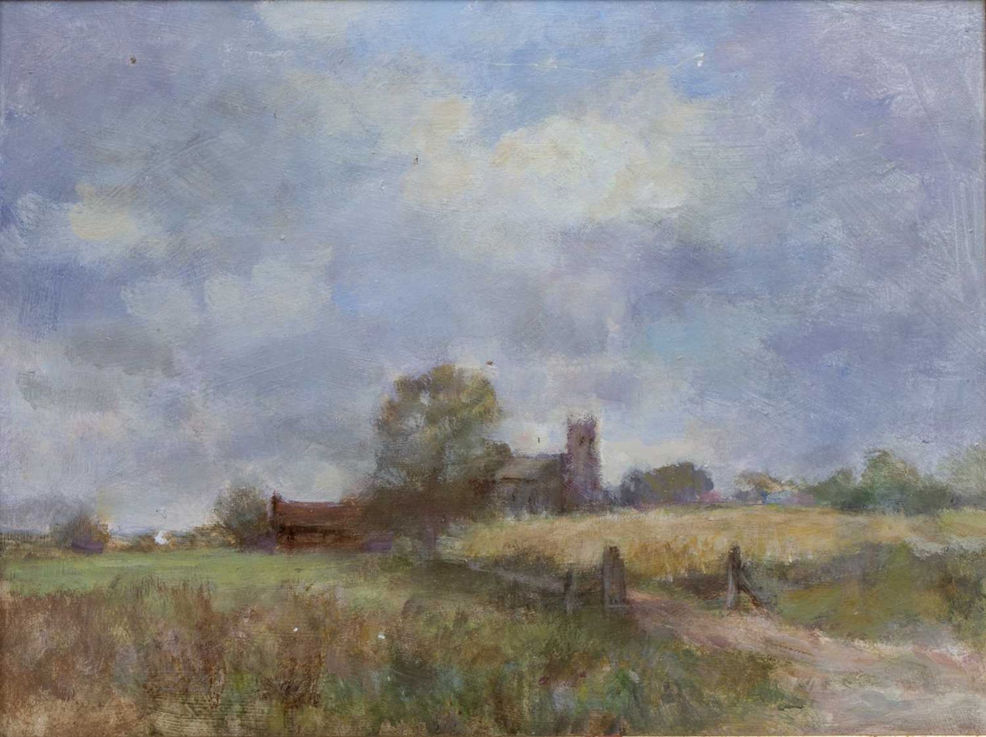 Owen Waters (1916-2004) Norfolk scene with a church, oil on board, signed, 30cm x 40cmSome light