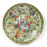 Canton celadon charger Chinese, 19th Century, painted with a court scene to the centre, 36cm