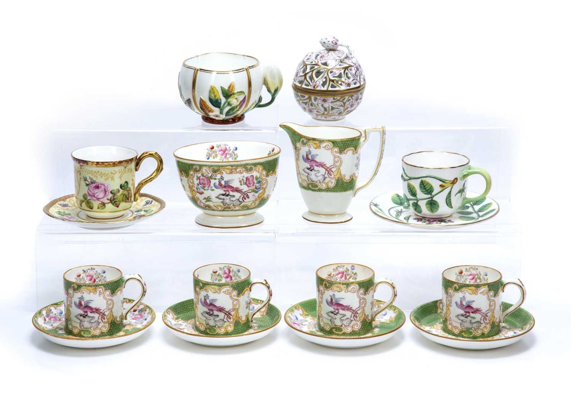 Collection of ceramics comprising of: Minton 'Cockatrice' part coffee set, Herend porcelain box