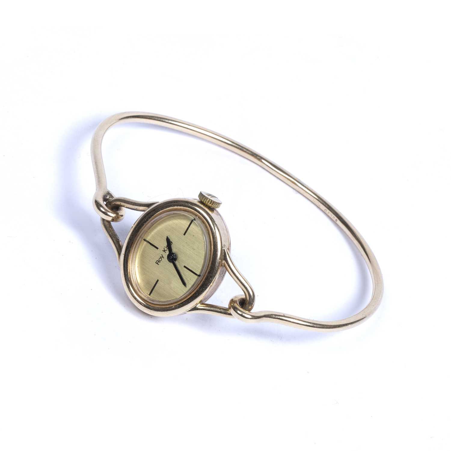 Lady's watch on bangle strap by Roy King 9ct gold, hallmarked to the bangle, and to the case, 6cm