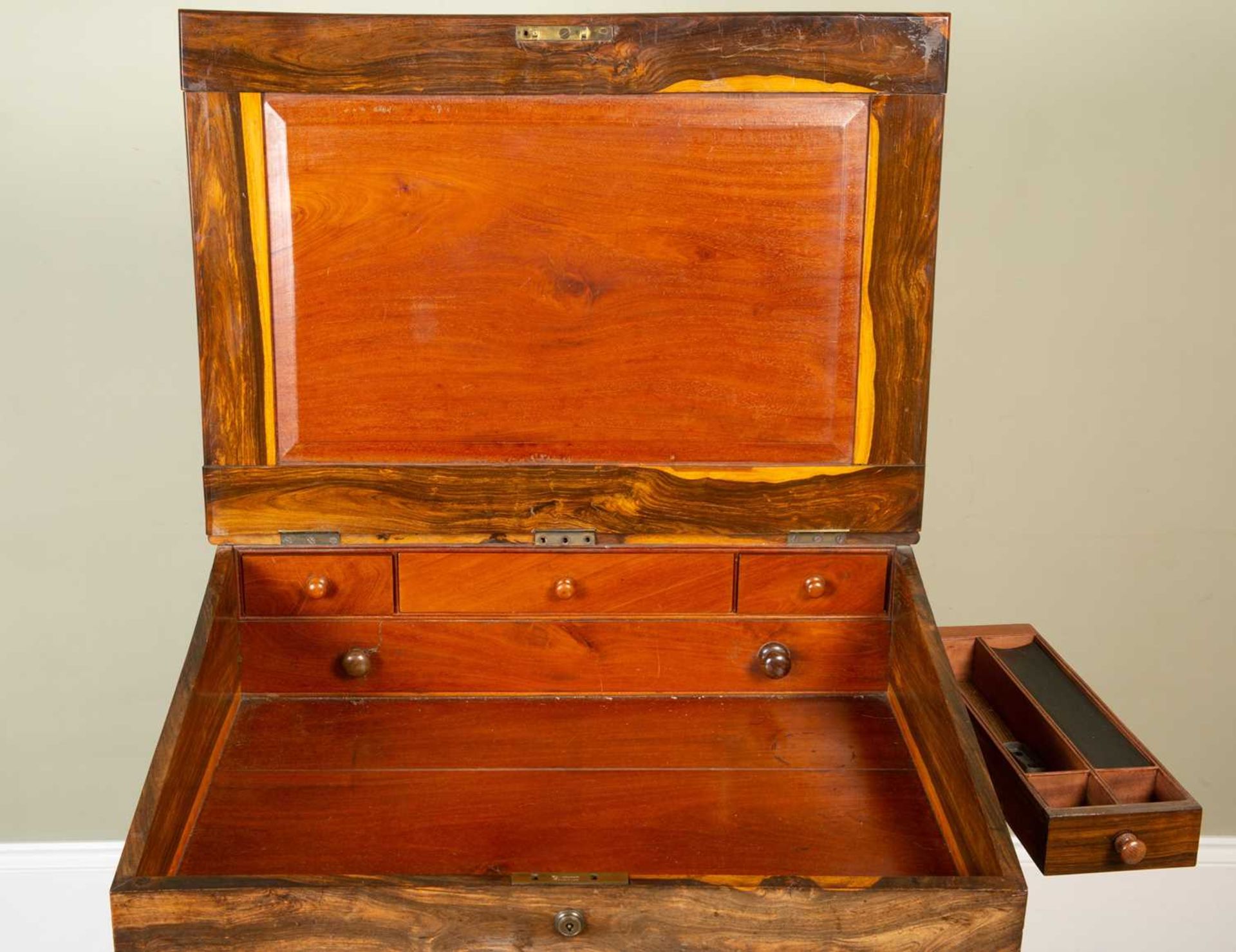 A William IV laburnum wood davenport desk, with Gothic blind tracery panels to the front and back, - Image 3 of 4