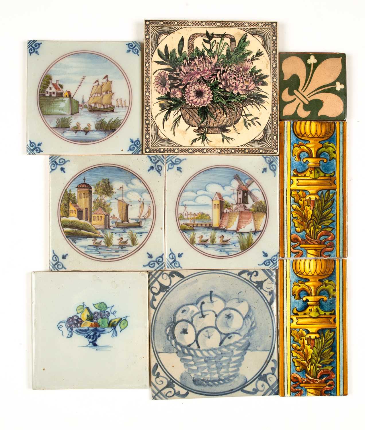 A mixed group of various antique and modern tiles to include three blue and white Dutch Delftware - Bild 2 aus 4