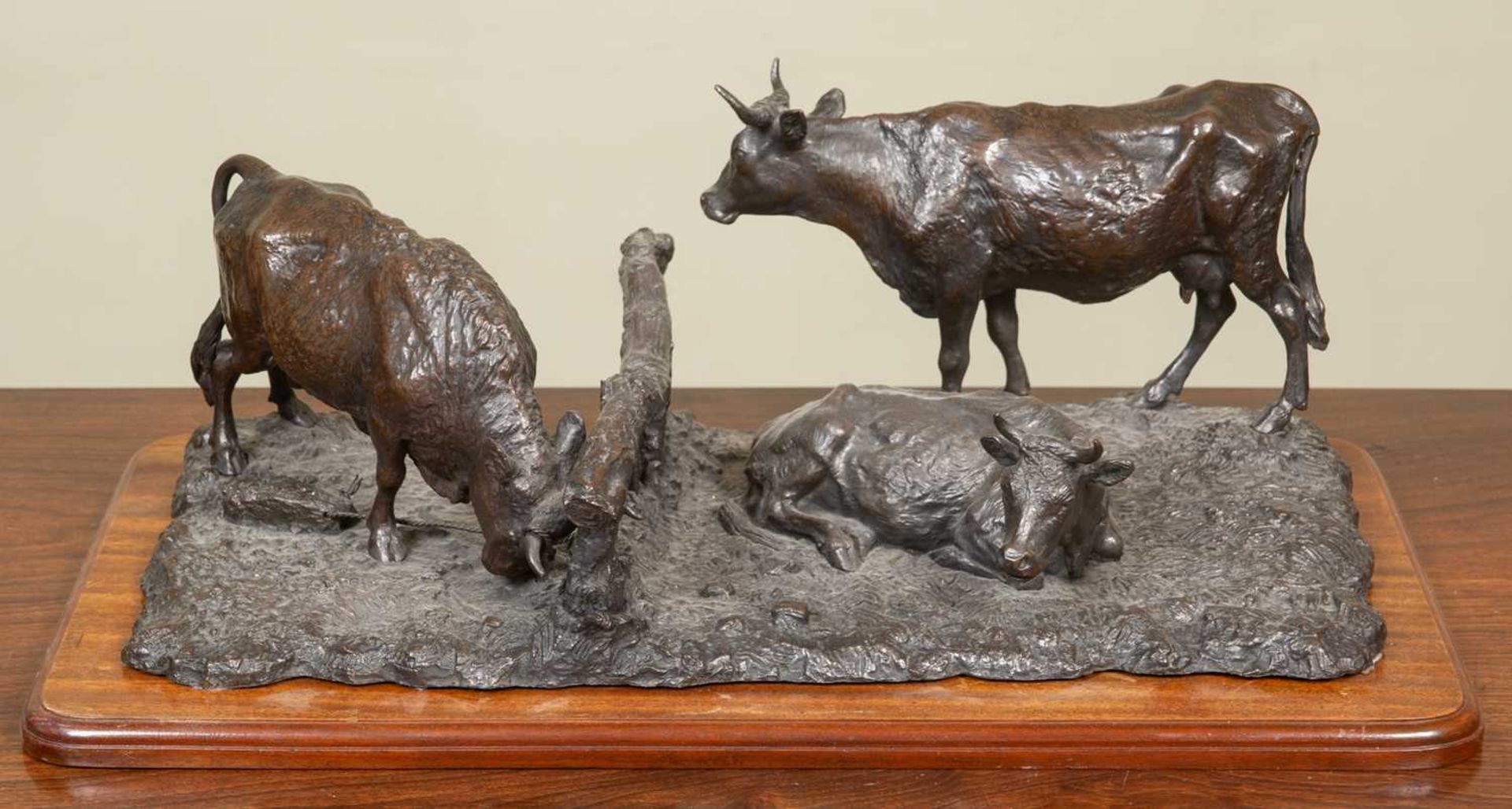 After Jean Baptiste Berre (1777-1839) A bull and two cows either side of a fence, bronze, bearing