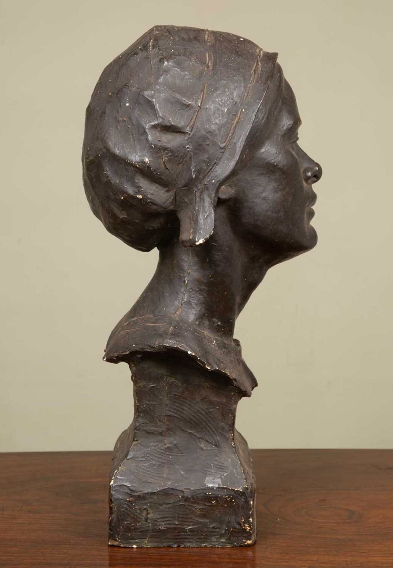 W A Cross (20th Century school), Bust of a lady in a bonnet, painted plaster, signed to the reverse, - Image 5 of 6