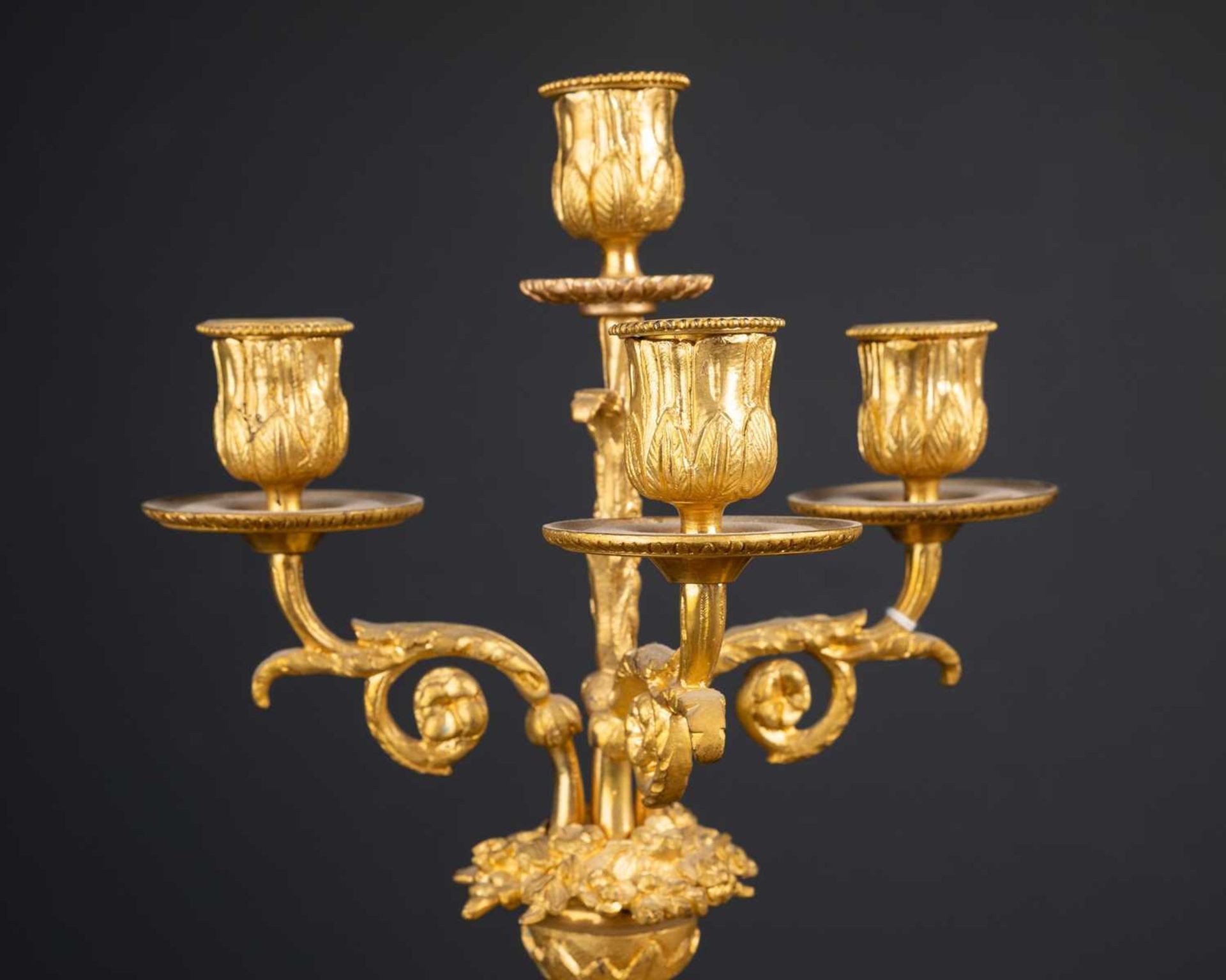 A pair of ormolu and porcelain candelabra, the pink porcelain bodies with cherub panel, 43cm high ( - Image 5 of 6