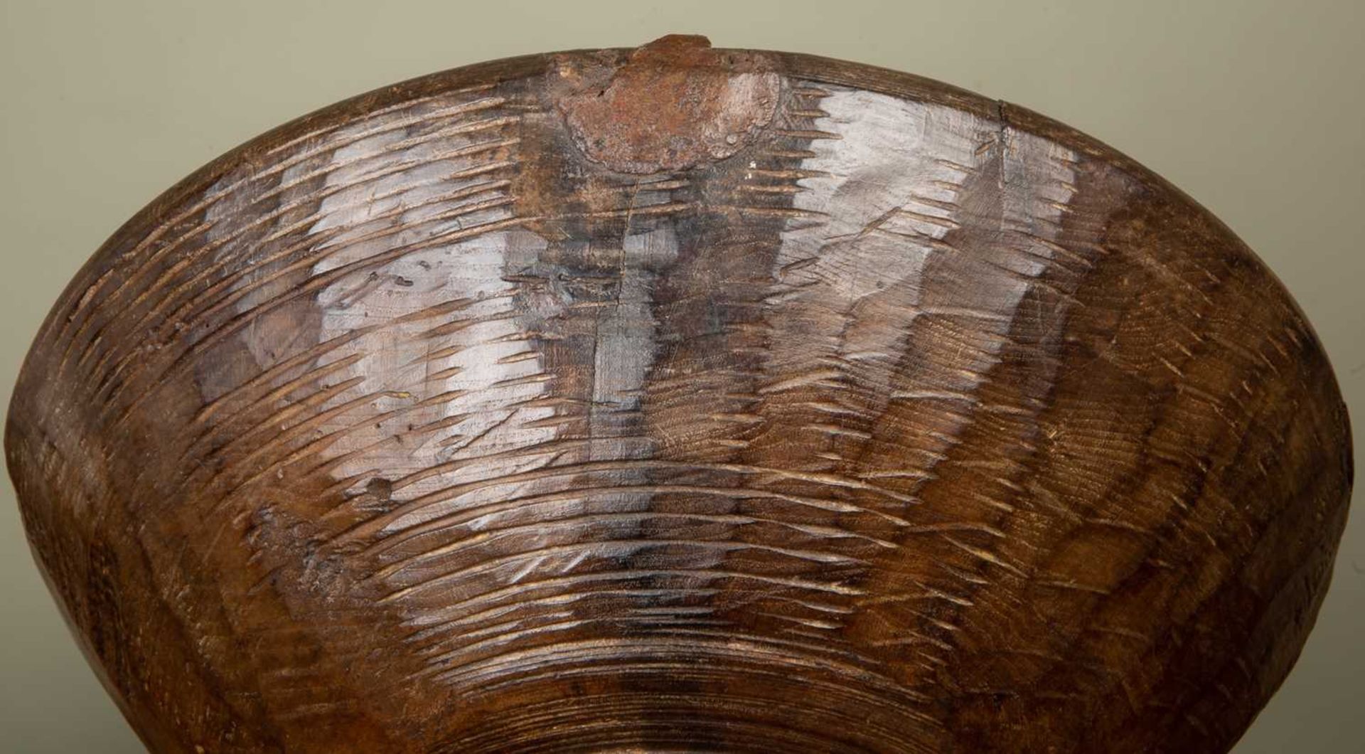 An antique turned sycamore dairy bowl, with old splits and old wrought iron patch, 42cm diameterThis - Image 4 of 4