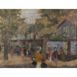 Reputedly by Herdis Gelardi (1916-1991), village scene, oil on canvas, framed, 44cm x