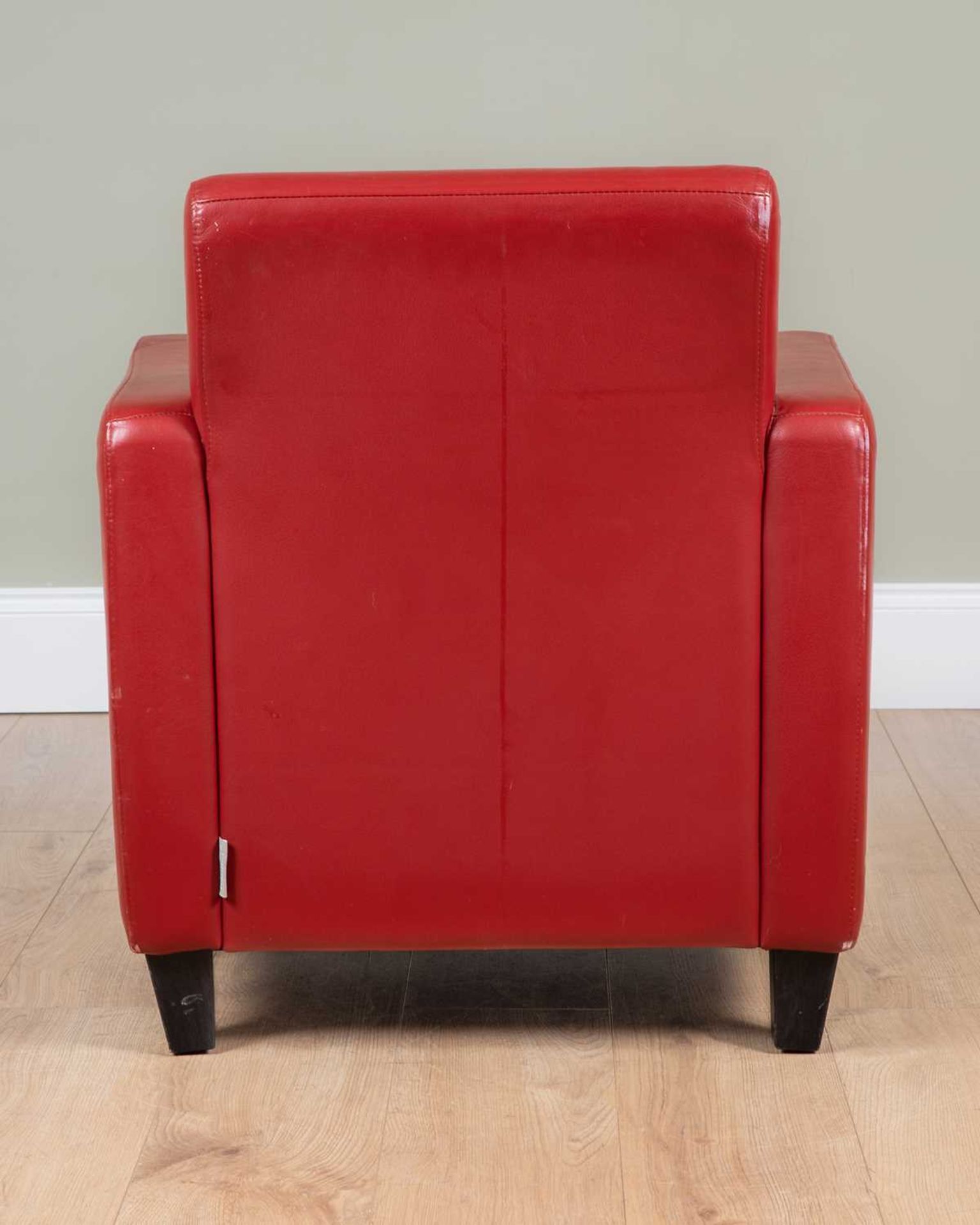An Art Deco style red leather chair by Habitat, on ebonised square legs, Habitat label to the - Image 3 of 4