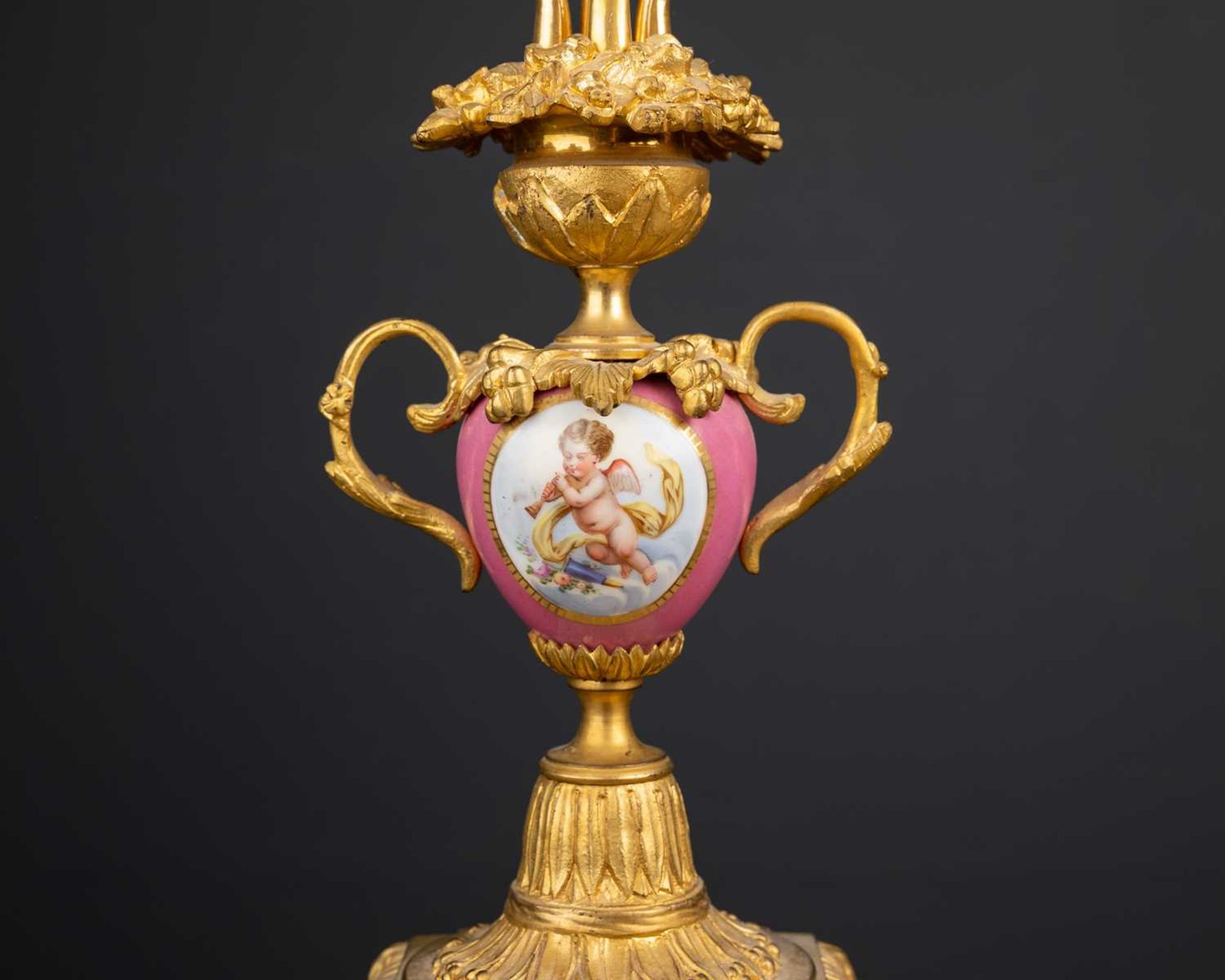 A pair of ormolu and porcelain candelabra, the pink porcelain bodies with cherub panel, 43cm high ( - Image 3 of 6