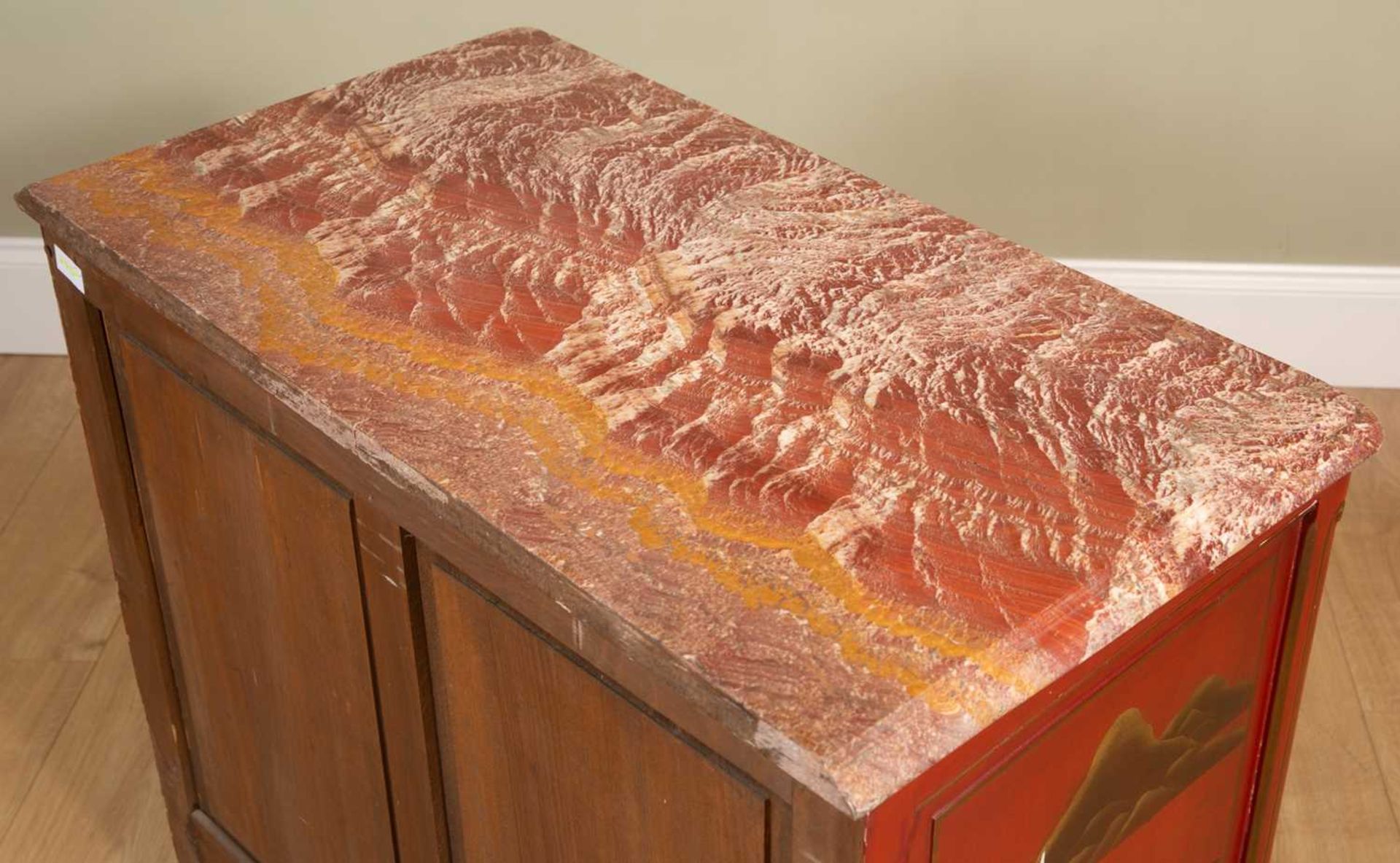 A red ground Jappaned marble-topped hardwood commode, with three drawers, panelled sides and on - Image 4 of 6