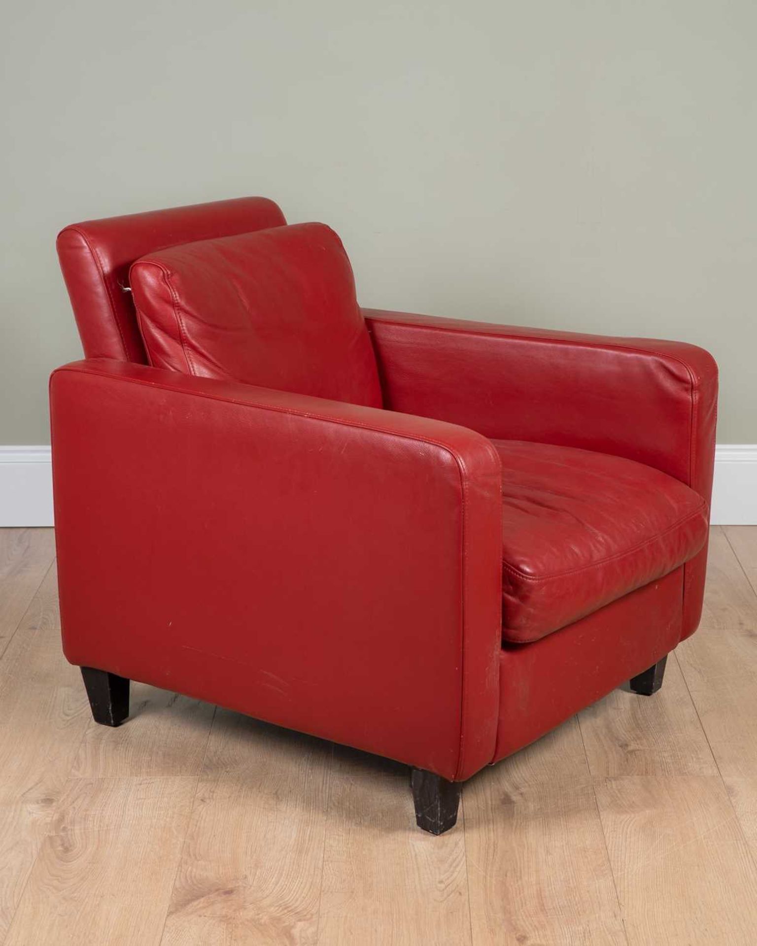 An Art Deco style red leather chair by Habitat, on ebonised square legs, Habitat label to the - Image 2 of 4