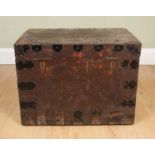 An antique oak iron-bound oak silver chest with carrying handles to the side, the baize lined
